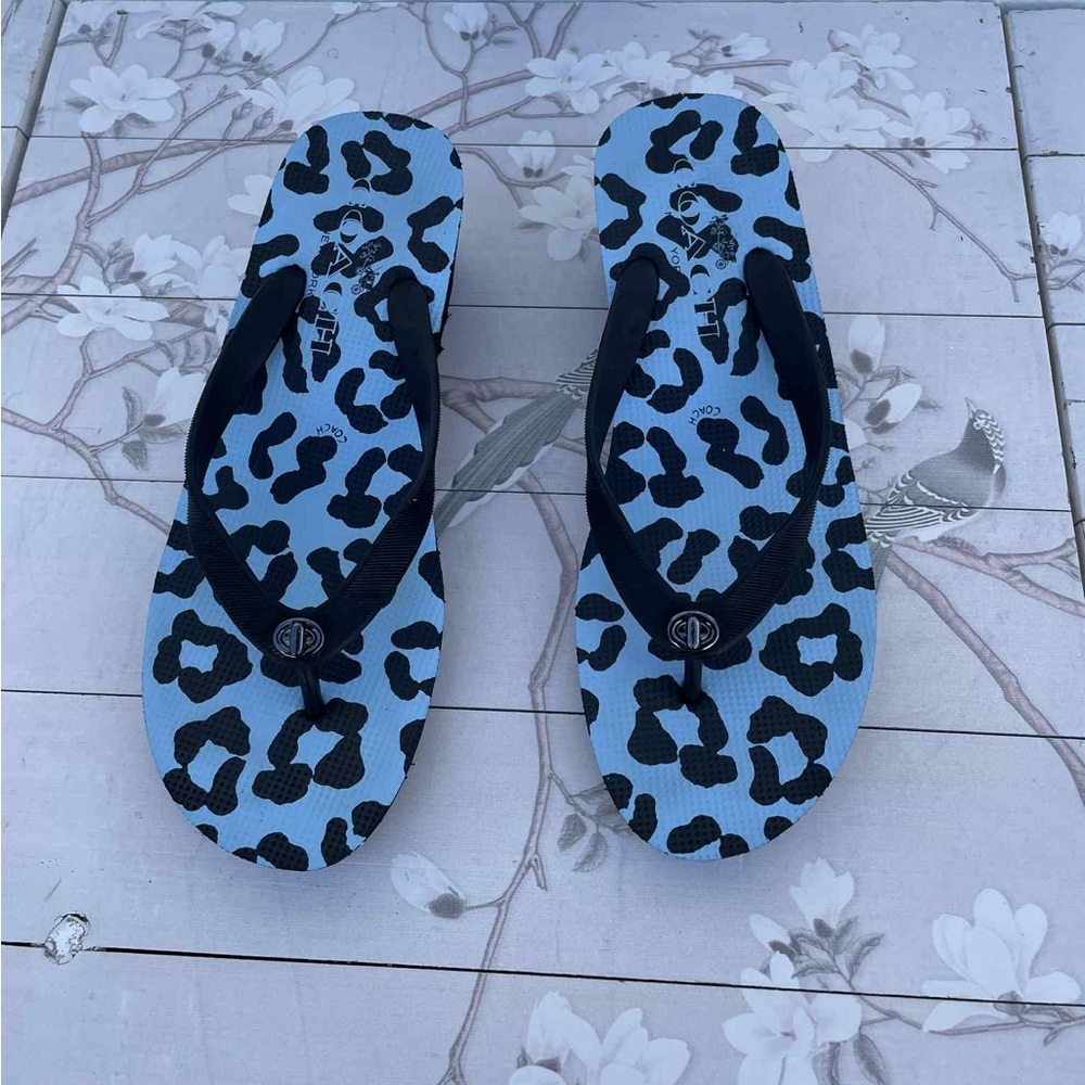 Coach Black and Blue Animal Print Flip Flops